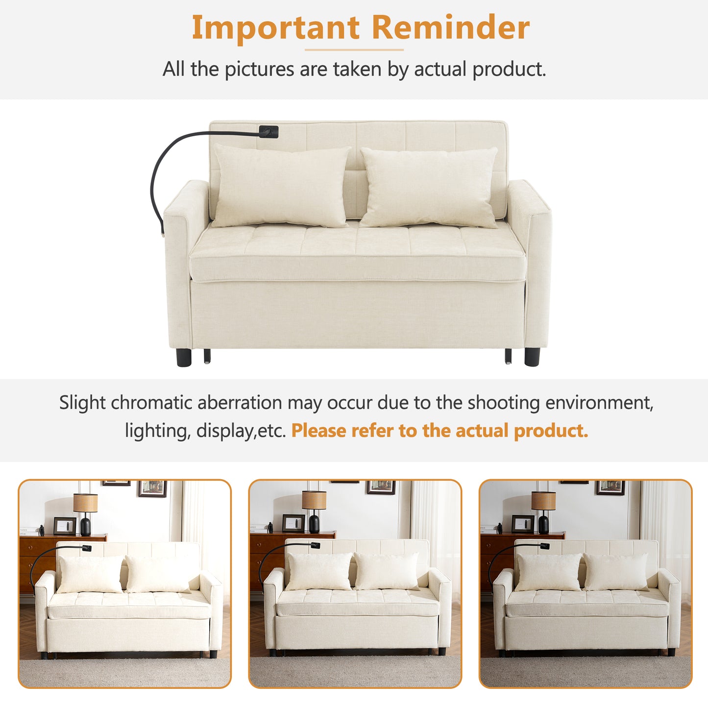 56.9" Loveseat Sofa Pull-out Sofa Bed Sleeper Sofa with a Reversible Backrest Cushion, Side Pockets, Two USB Ports and a Phone Holder for Living Room, Beige