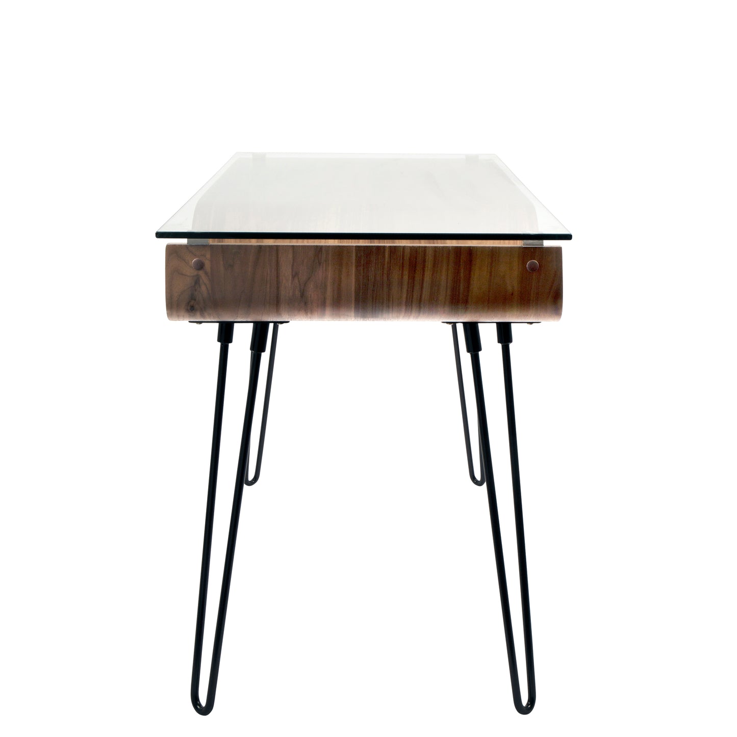 Avery Mid-Century Modern Desk in Walnut Wood, Clear Glass, and Black Metal by LumiSource