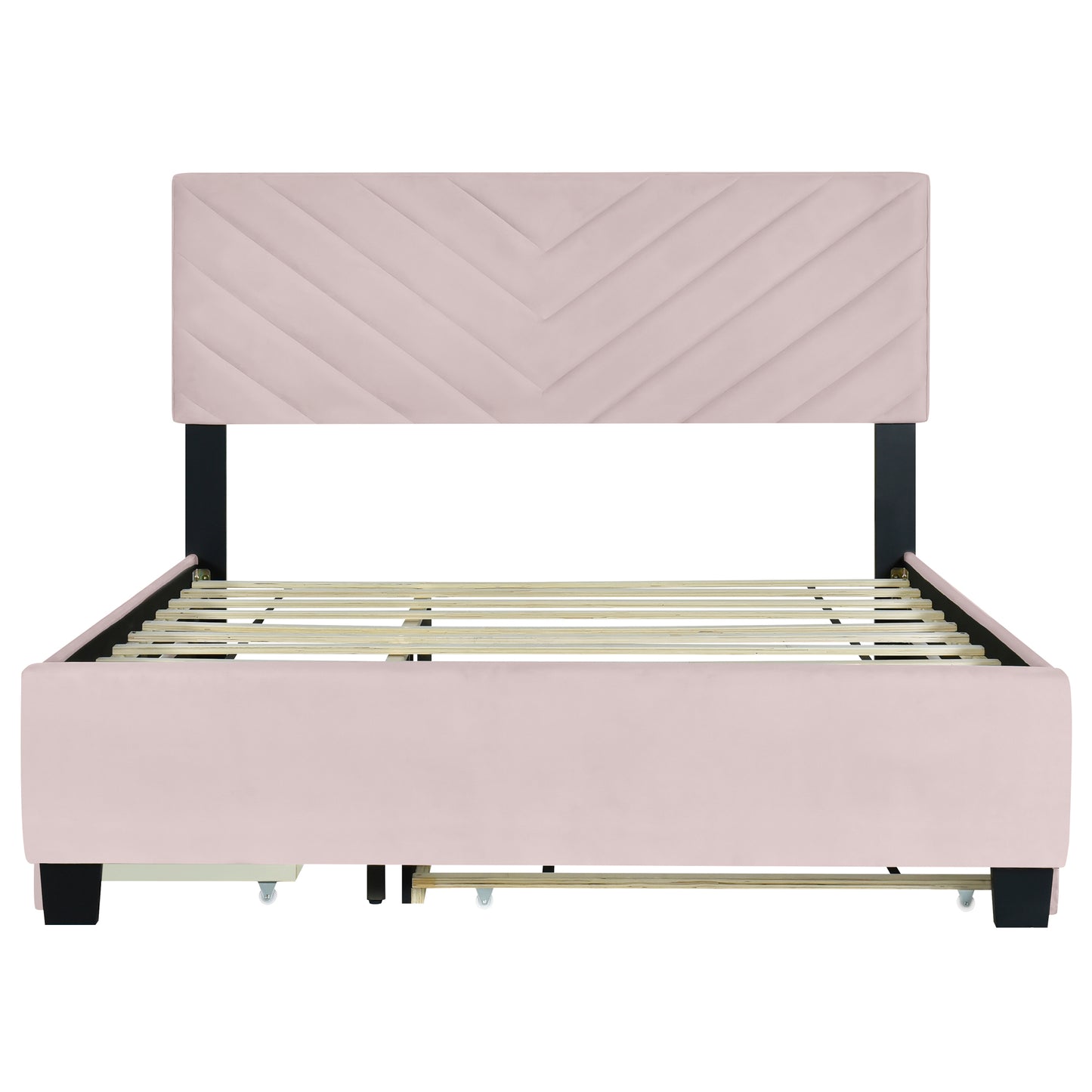 Queen Size Upholstered Platform Bed with Twill Headboard, Pullout Bed and Two Drawers, Flannel,Pink