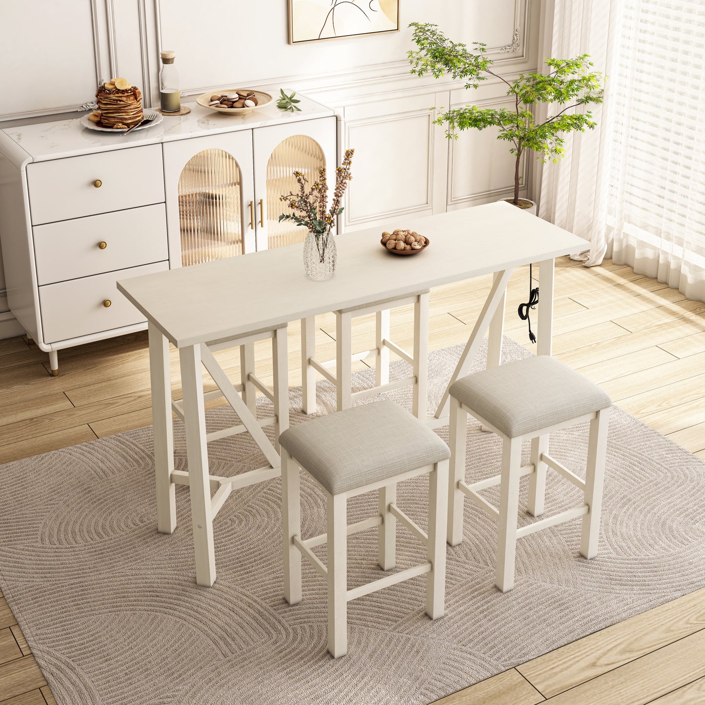 Modern 5-Piece Dining Table Set with Power Outlets,Bar Kitchen Table Set with Upholstered Stools, Easy Assemble, Beige