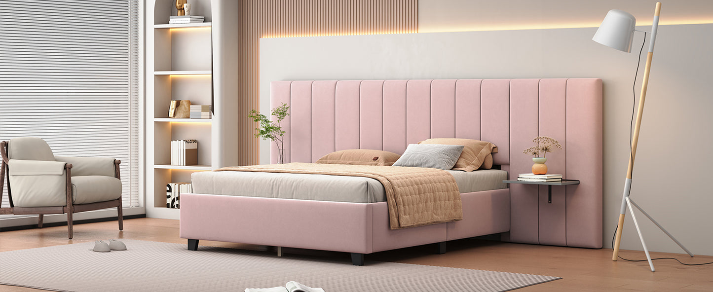 Queen Size Upholstered Platform Bed with Big Headboard, Bedroom Furniture, Velvet, Pink