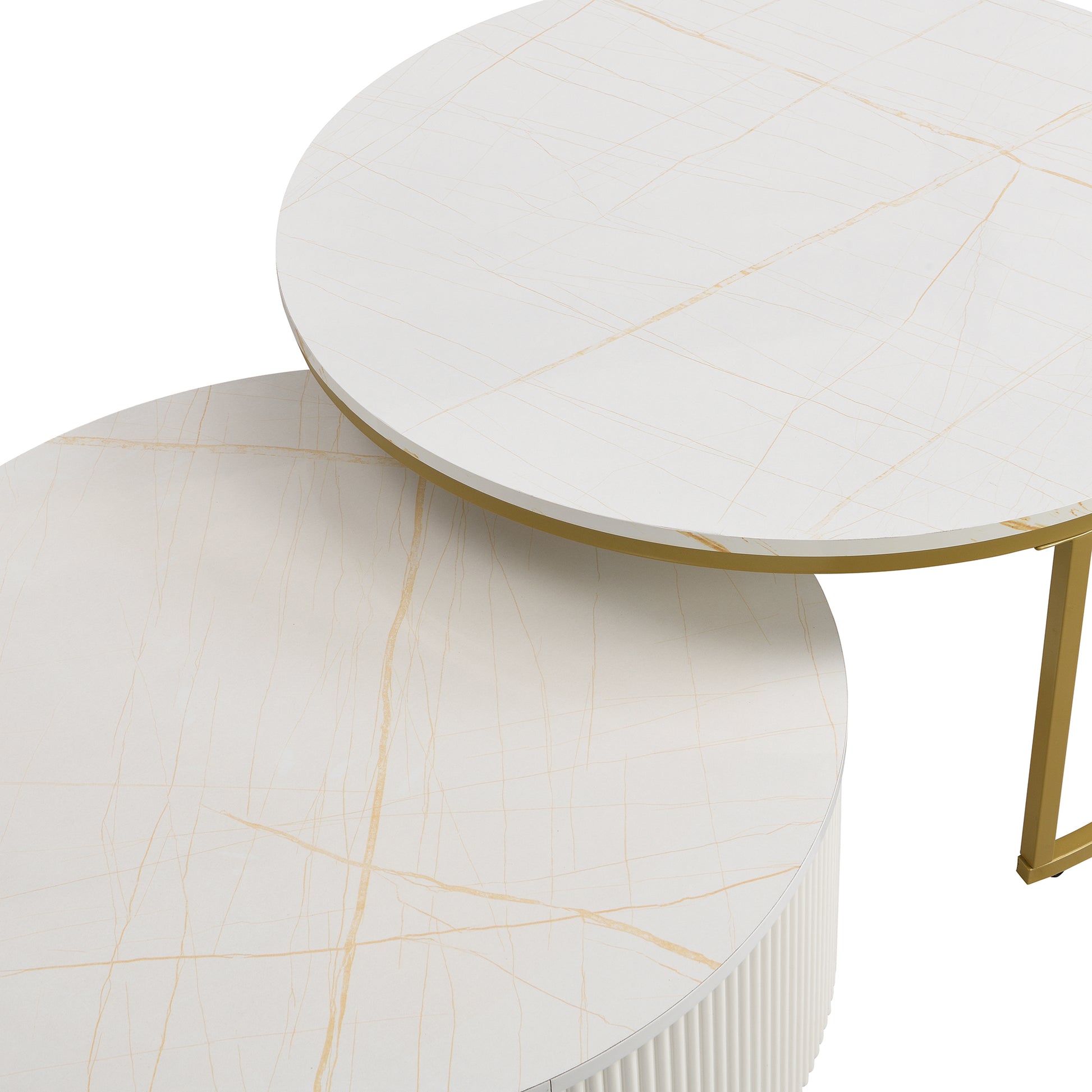 Modern Round Nesting Coffee Table Fluted with Drawer in White & Gold in 31.5''