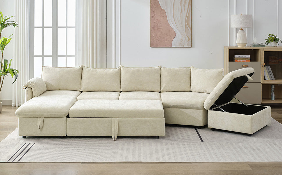 146.9" L-shaped Sofa Sectional Sofa Couch Pull-out Sofa Bed with a Movable Storage Ottoman, a Storage Chaise Lounge and Two USB Ports for Living Room, Beige