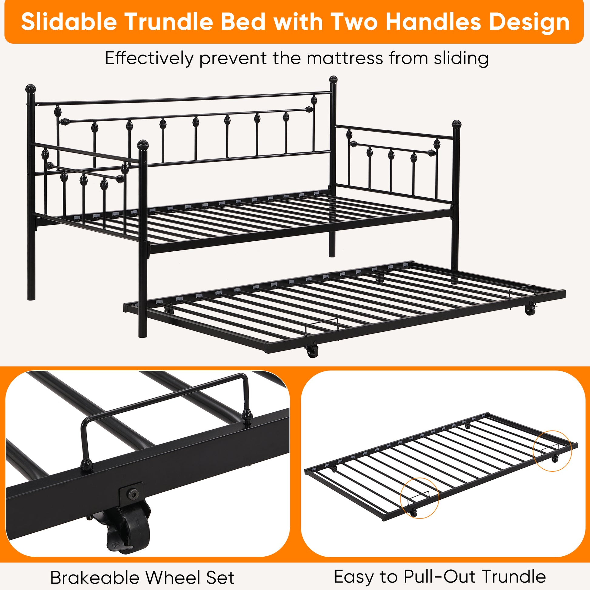 Twin Size Metal Daybed with Pull Out Trundle, Modern 2 in 1 Sofa Bed Frame for Kids Teens Adults,Single Daybed Sofa Bed Frame for Bedroom Living Room Guest Room,No Box Spring Needed