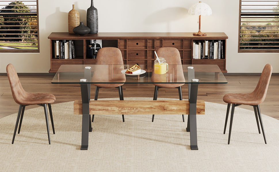 Dining table. Modern tempered glass dining table. Large modern office desk with black metal legs and MDF crossbars, suitable for home and office use. 4 high-end cushioned seats.F1105  B0501A