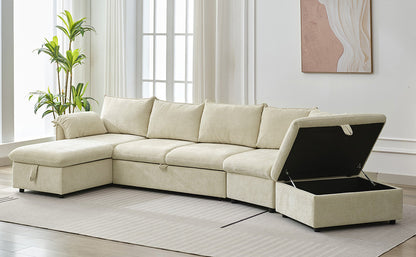 146.9" L-shaped Sofa Sectional Sofa Couch Pull-out Sofa Bed with a Movable Storage Ottoman, a Storage Chaise Lounge and Two USB Ports for Living Room, Beige