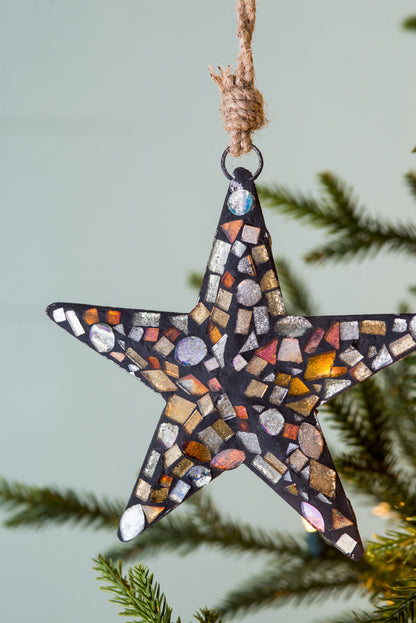 6.5" Mosaic Metal Star Ornament, Hanging Home Decor Accents for Christmas Tree, Wall Art, Holiday Display, Set of 4