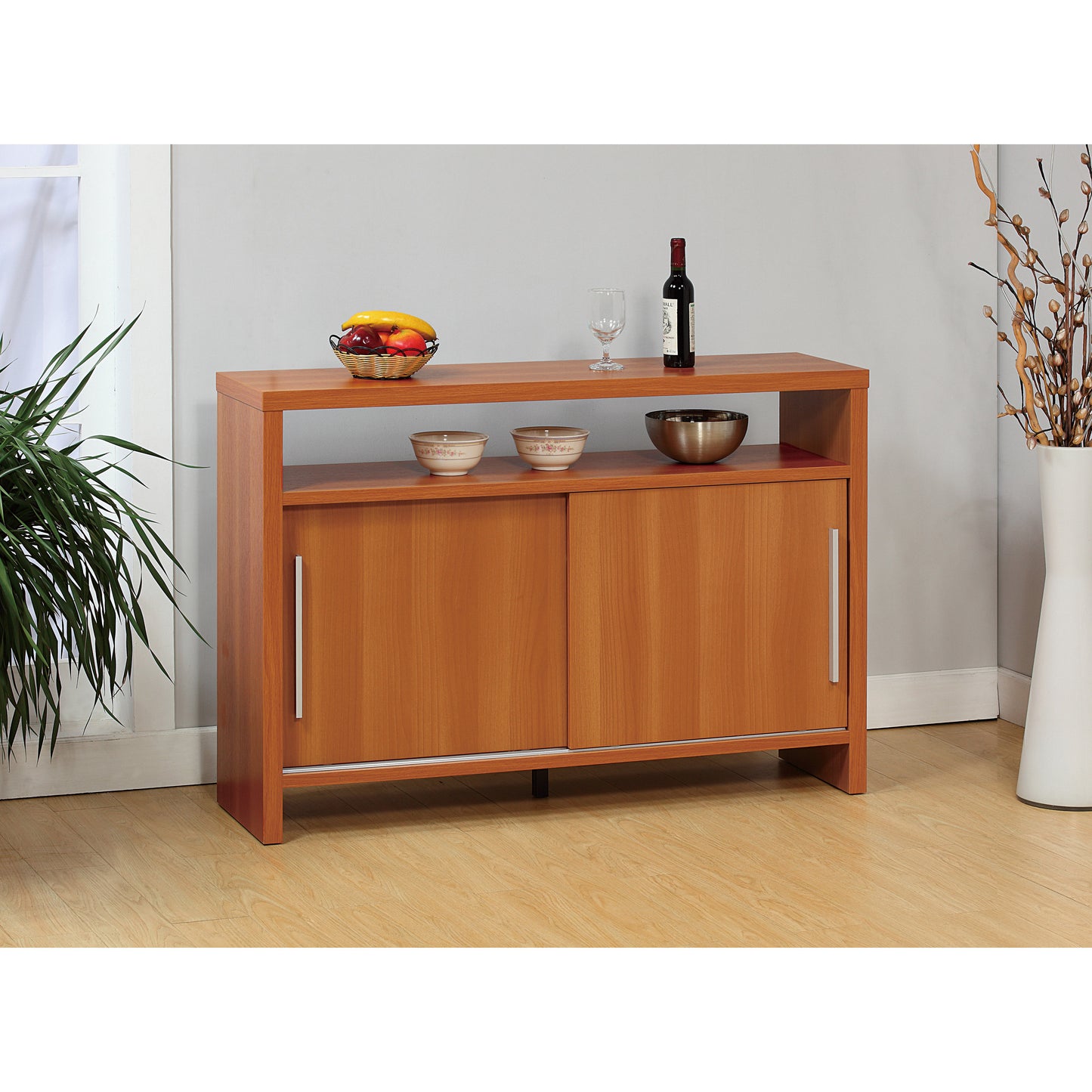 Sideboard buffet entry cabinet sliding doors metal bar handles four shelves light cherry color