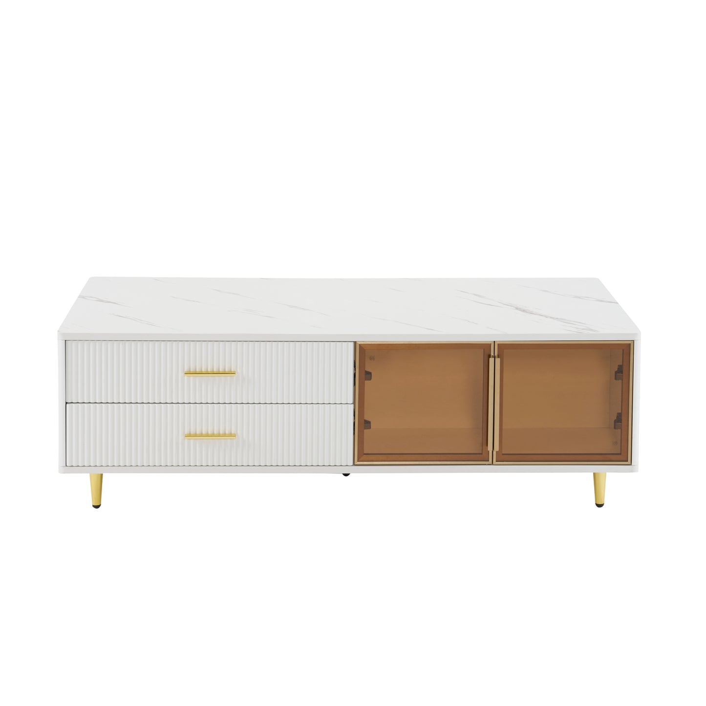 Modern White Coffee Table with 2 Glass Door Storage, 4 Drawers, Gold Metal Legs, and Multi-Color Lighting in 47.2''