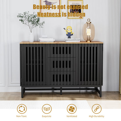 3 Drawer and 4 Shelves Dresser with Slatted Grille Striped Drawer and doors, Modern Style Dresser, High-Quality MDF and Metal Leg