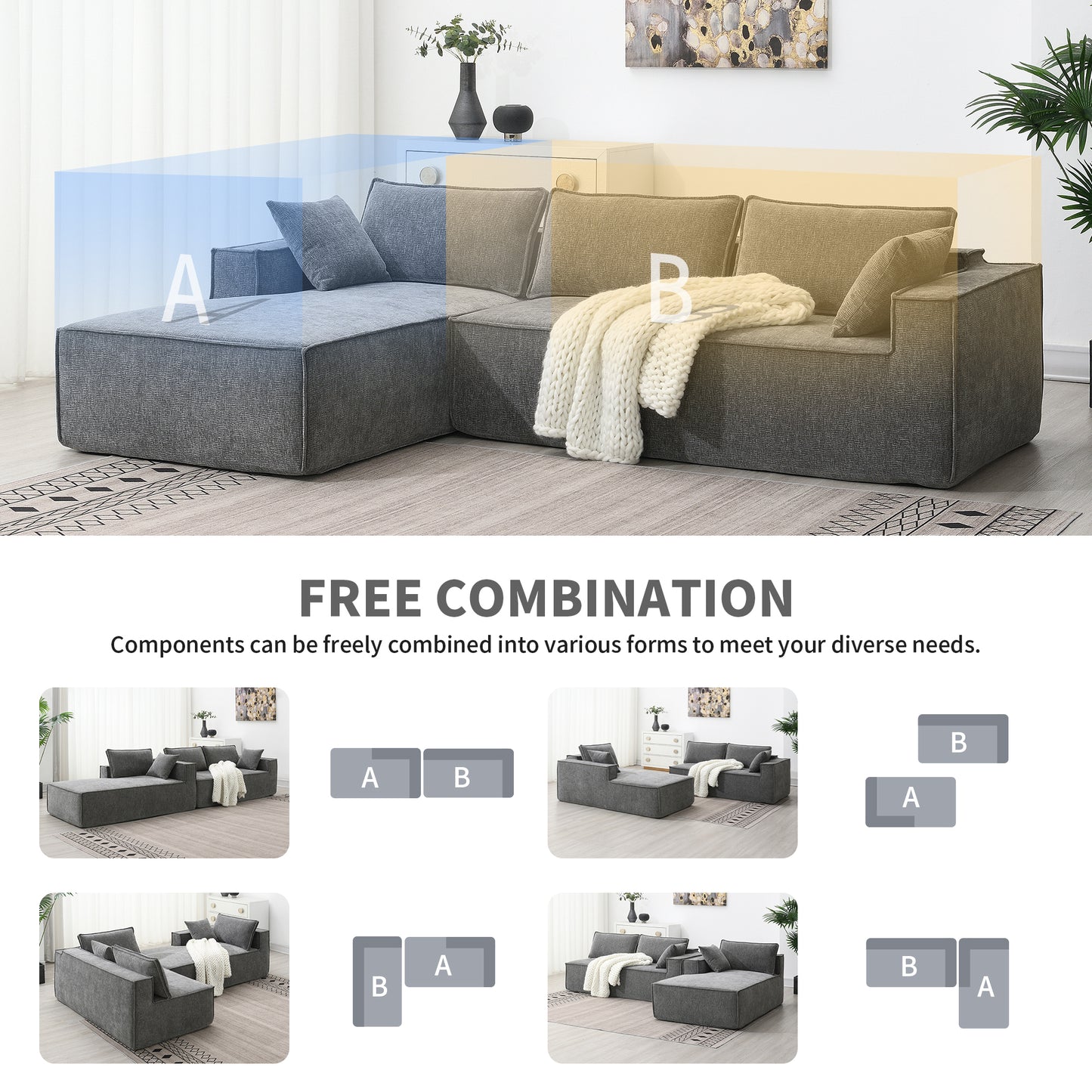 [VIDEO provided][New]111.5*72"Minimalist Style Modular Sectional Sofa,Wrinkle-resistant Chenille Couch Set,L-Shaped Sleeper Sofa Bed for Living Room,2 PIC Free Combination,No Assembly Require,3 Colors