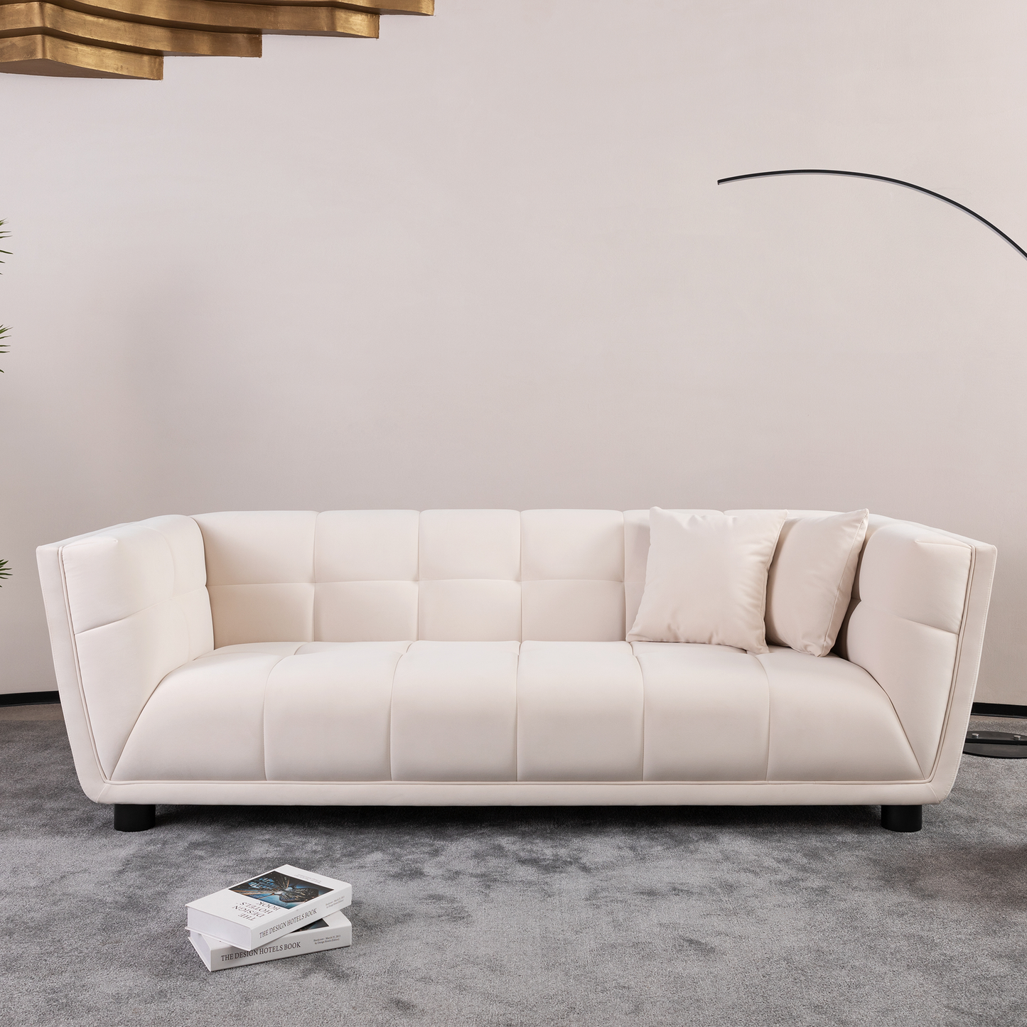 WKS13 Mid-century modern style: simple white sofa, small square design, velvet fabric texture smooth, retro fashion, solid wood feet, 2 people design