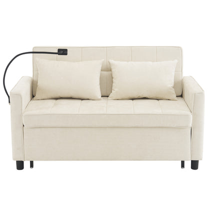 56.9" Loveseat Sofa Pull-out Sofa Bed Sleeper Sofa with a Reversible Backrest Cushion, Side Pockets, Two USB Ports and a Phone Holder for Living Room, Beige