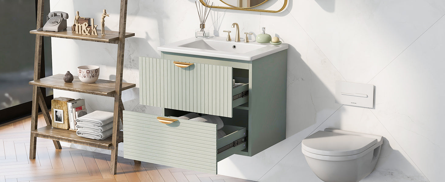 Modern 24-Inch Wall-Mounted Bathroom vanity with 2 Drawers, Green - Ideal for Small Bathrooms