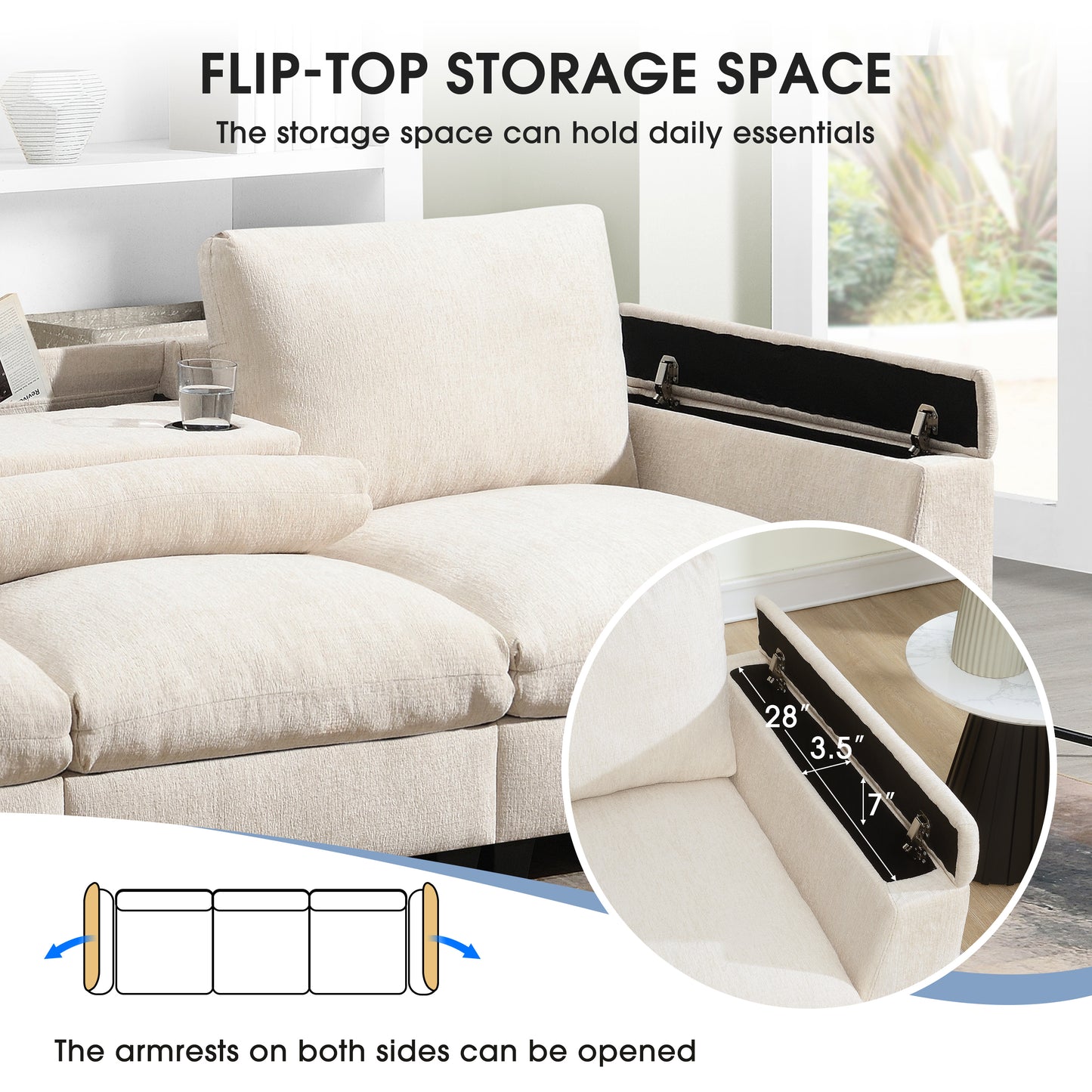 96*35''Chenille Sectional Sofa with Bluetooth Speaker,Comfy Cloud Couch Set with Drop Down Table,Cup Holders,USB Charger,Storage Armrest,Wide Seat Sofa for Living Room,Apartment,Office,3 Colors