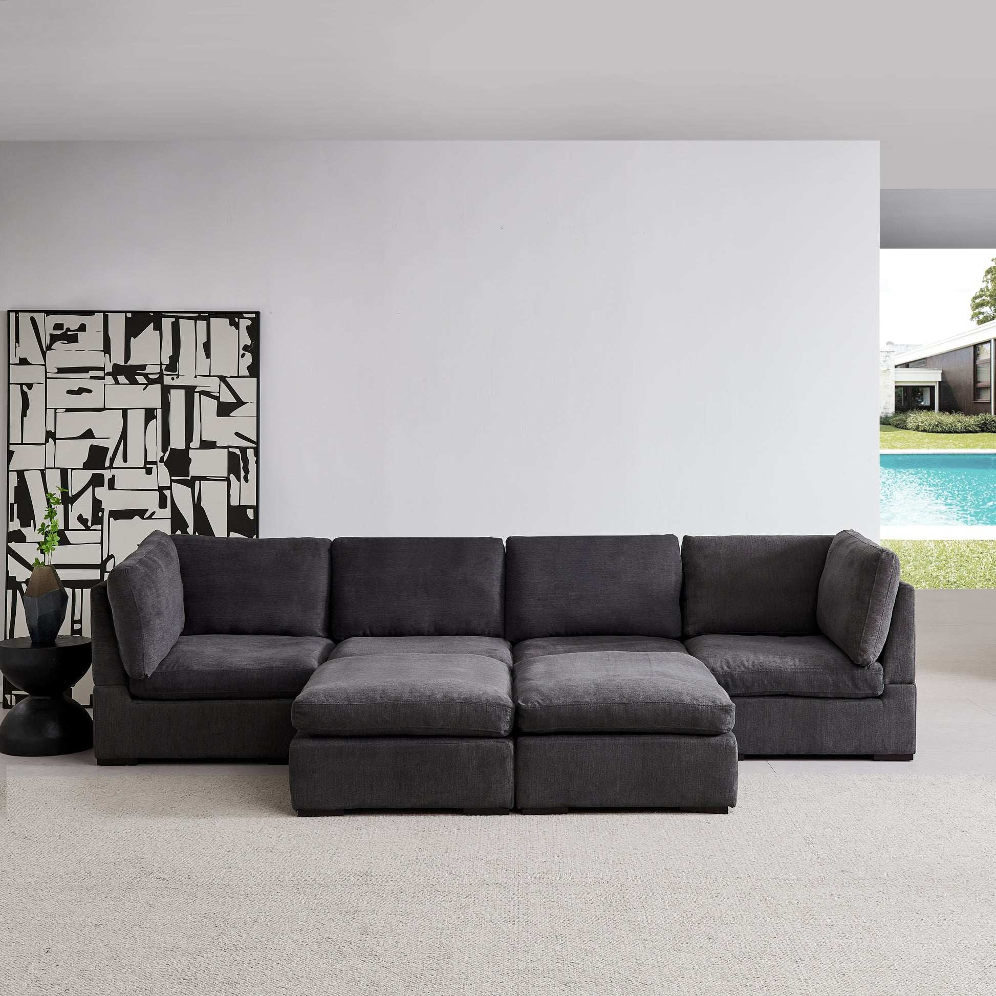 Modular Sofa with Ottoman,Filled with Down ,Soft Linen Fabric,Dark Grey