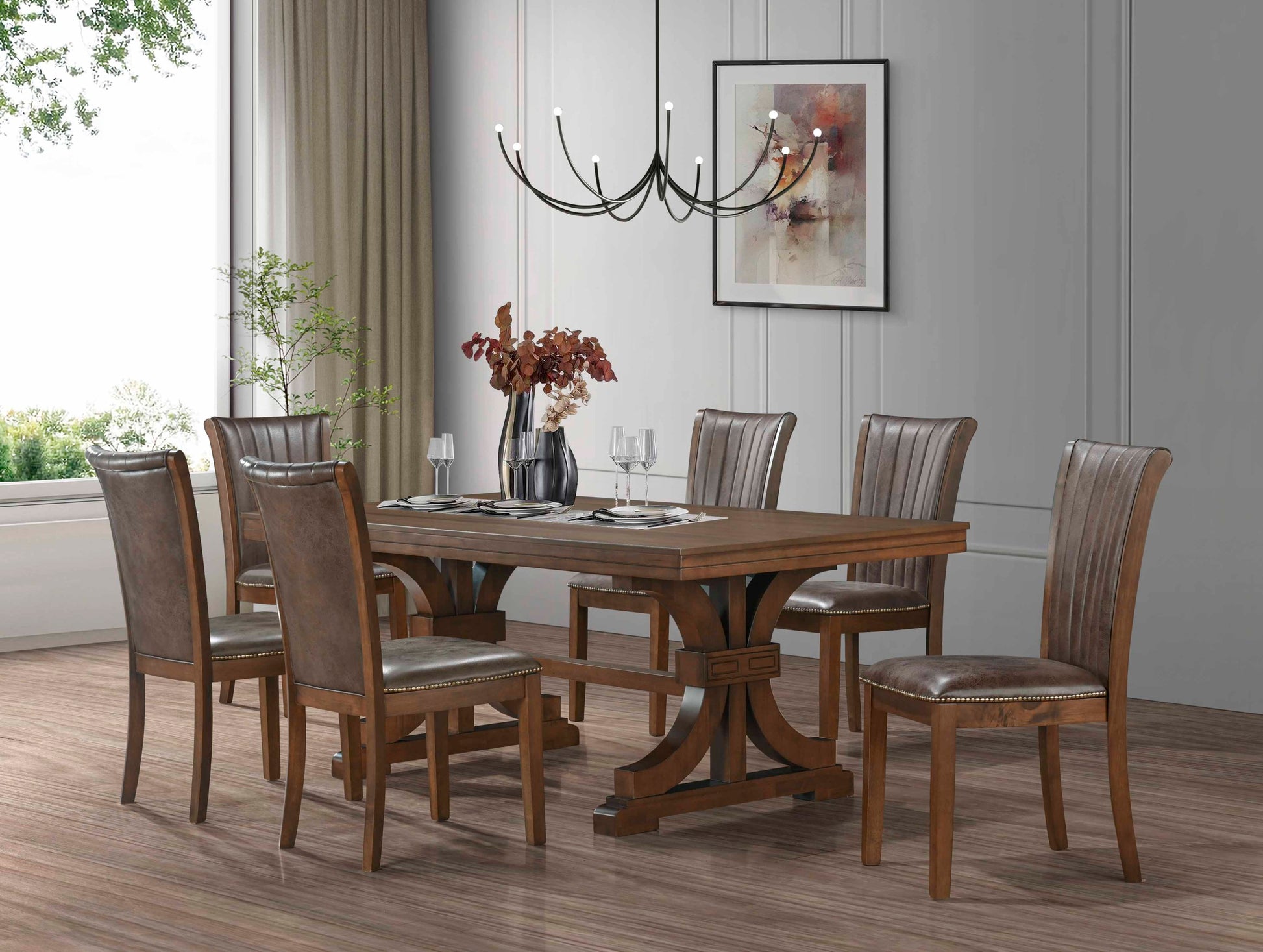 Mid Century Modern Dining Table Set for 7,Rectangular Table and 6 Kitchen Room Chairs,7 Piece Kitchen Table Set for Dining Room,Faux Leather Upholstered 6PCS Side Chairs,OAK