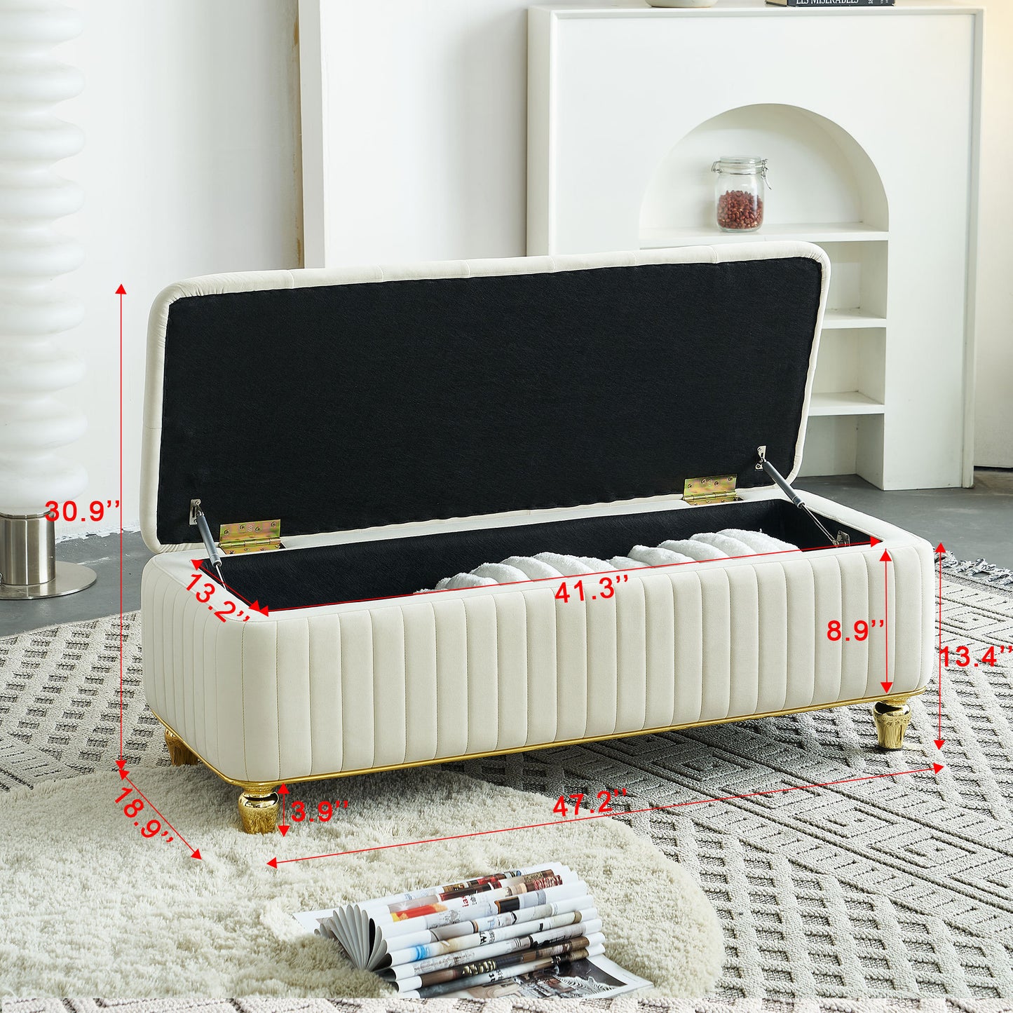 47.24''W Storage Ottoman,Upholstered Velvet Fabric Storage Ottoman with Safety Hinge, gold decoration strip and gold embroidery Footstool, Ottoman Bench for Living Room & Bedroom,Beige Color