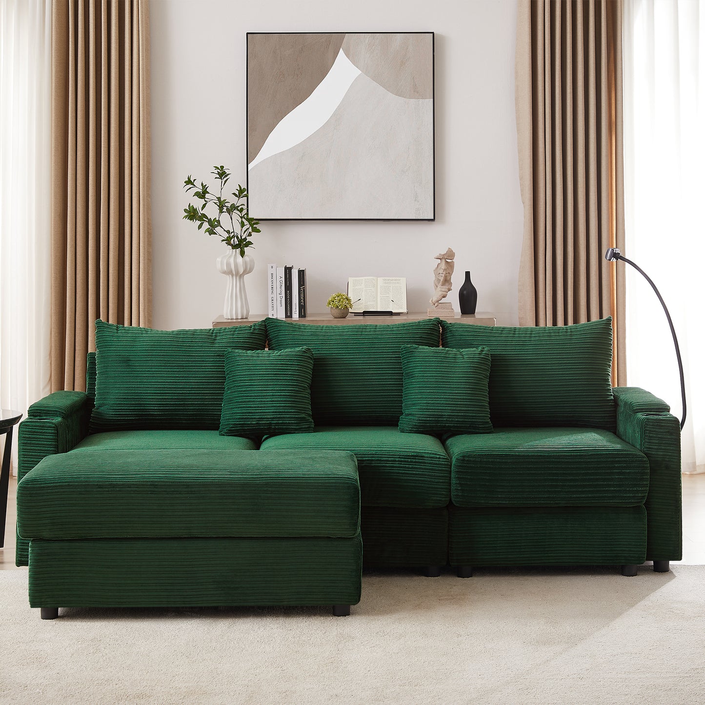 95.3" Modern Style 3-Seater Sofa Sectional Sofa Couch with Storage Space, A Movable Ottoman, Two USB Ports, Two Cup Holders, A Phone Holder for Living Room, Green