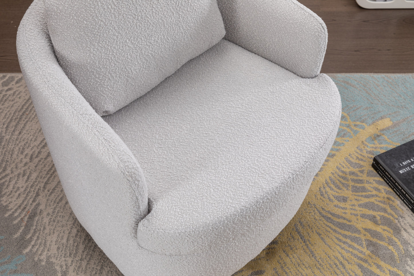 035-Boucle Fabric Swivel Accent Chair With Soild Wood Round Brown Base Leg,Light Gray