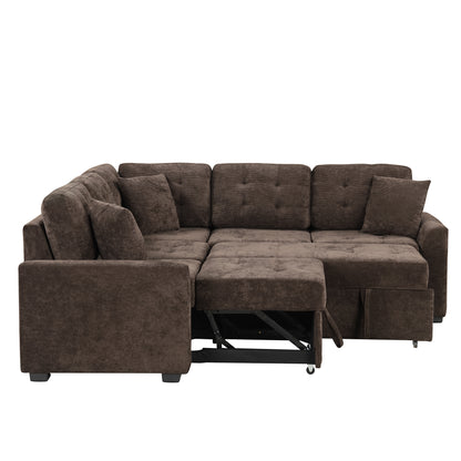 82.6" L-shape Sofa Bed Pull-out Sleeper Sofa with Wheels, USB Ports, Power Sockets for Living Room, Brown