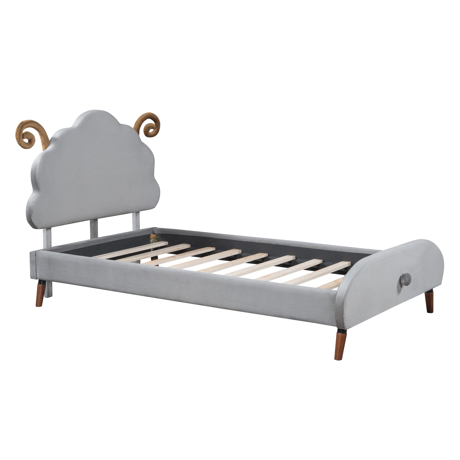 Twin Size Upholstered Platform Bed with Sheep-Shaped Headboard, Gray