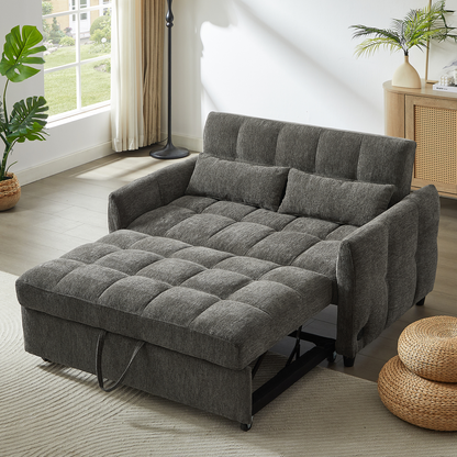 52.8" Loveseat Sofa Pull-out Sofa Bed Tufted Sleeper Sofa with an Adjustable Backrest, Three USB Ports and Two Lumbar Pillows for Living Room, Grey