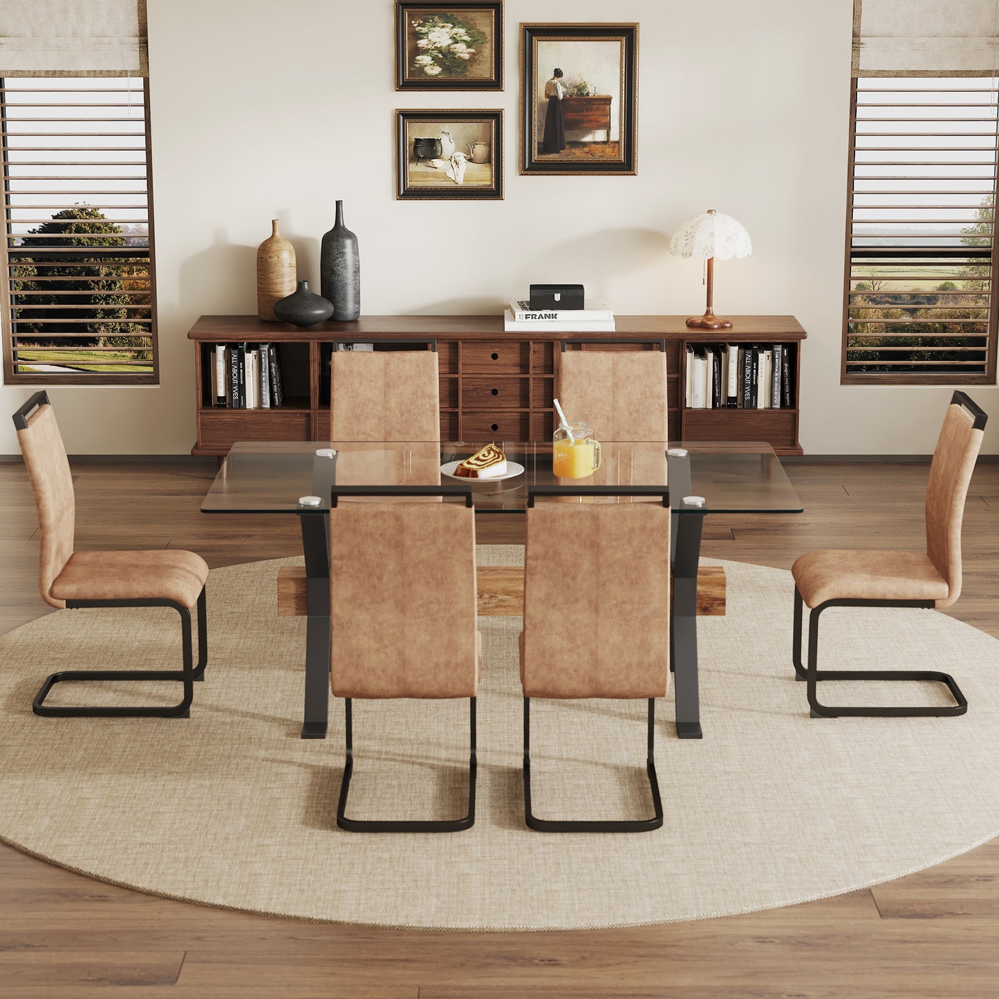 Dining table. Modern tempered glass dining table. Large modern office desk with black metal legs and MDF crossbars, suitable for home and office use. 6 high-end cushioned seats.F1105 C-1162