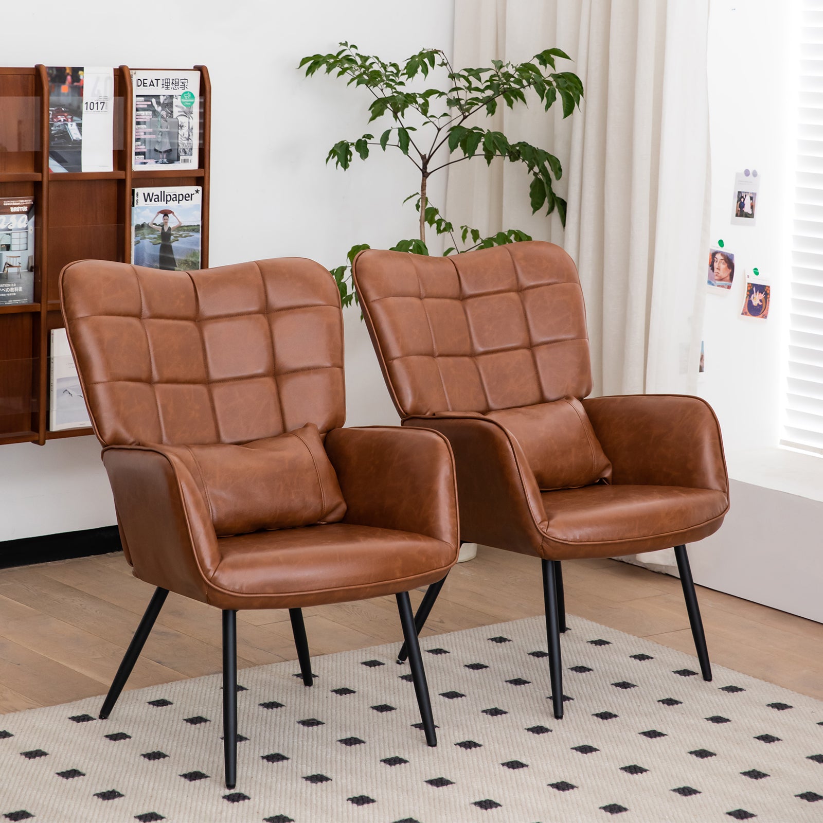 Bonded Leather Armchair, Modern Accent Chair High Back, Living Room Chairs with Metal Legs and Soft Padded, Sofa Chairs for Home Office,Bedroom,Dining Room (Brown-1pc)