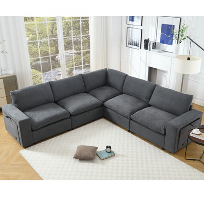 [NEW ARRIVED] [VIDEO PROVIDED]Sectional Couches For Living Room,Modular Couch,Wireless Charging Port & Cup Holders,5-seat ,DIY Combination,L-shaped Sofa,Book Storage Space,Soft Linen Fabric,Gray