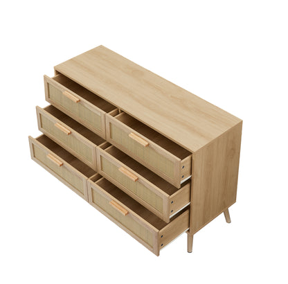 Bedroom dresser, 6 Double Dresser with rattan drawers, wood chest of drawers for kids room, living room, entry and hallway, Natural, 47.2'' W x 15.8'' D x 30'' H.