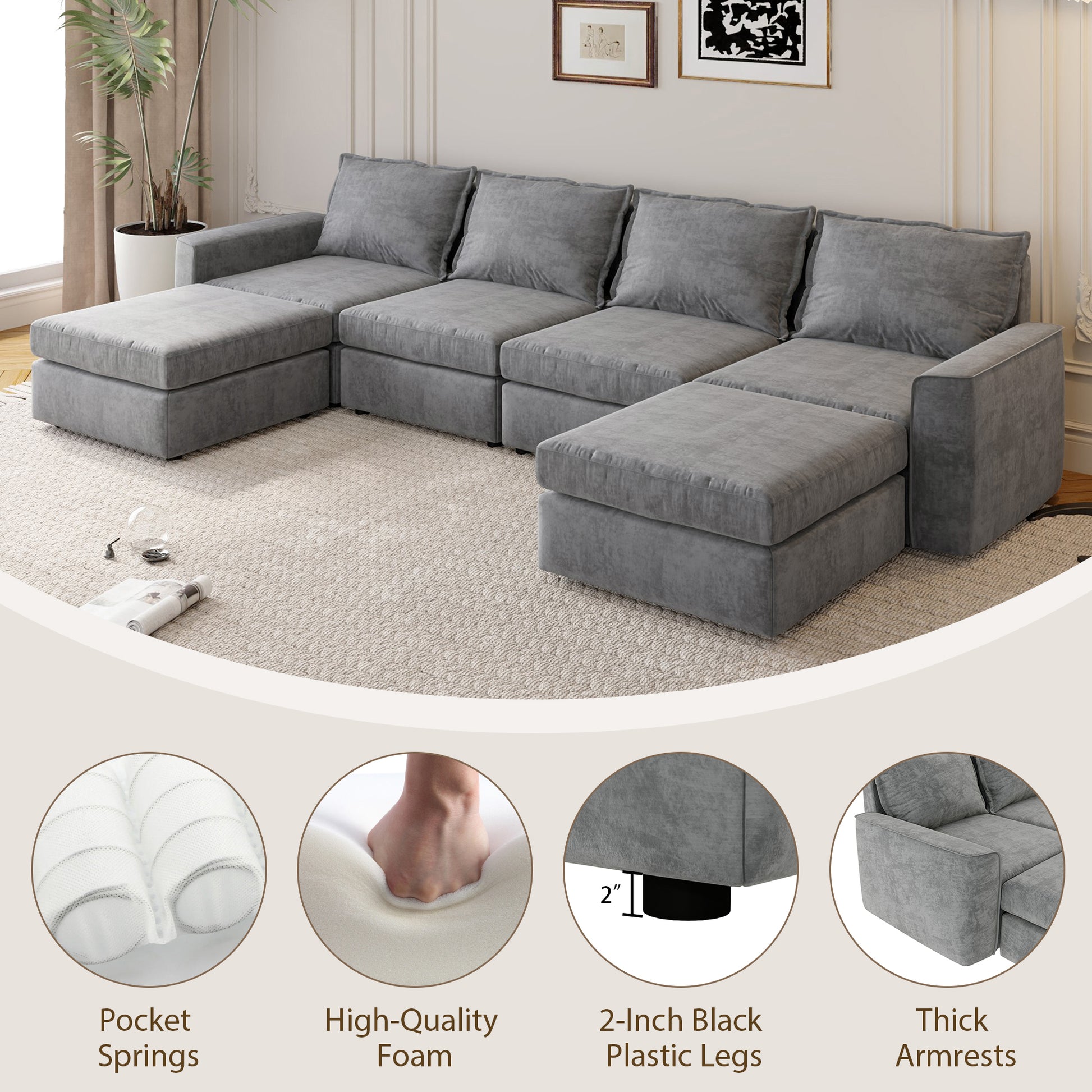 [VIDEO provided][New]115*58" Chenille Modular Sectional Sofa,U Shaped Reversible Couch,Free Combination,6 Seat Sleeper Sofa Bed with Ottoman,Convertible Oversized Indoor Furniture for Living Room,Gray