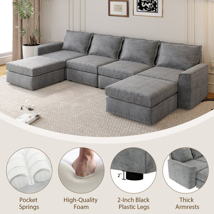 [VIDEO provided][New]115*58" Chenille Modular Sectional Sofa,U Shaped Reversible Couch,Free Combination,6 Seat Sleeper Sofa Bed with Ottoman,Convertible Oversized Indoor Furniture for Living Room,Gray