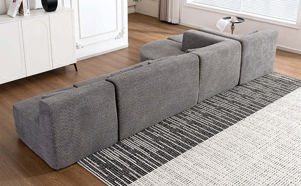 143.7" Upholstered Sofa Free-combined Sofa Couch with Two Chaise Lounge and Five Back Pillows for Living Room, Light Gray