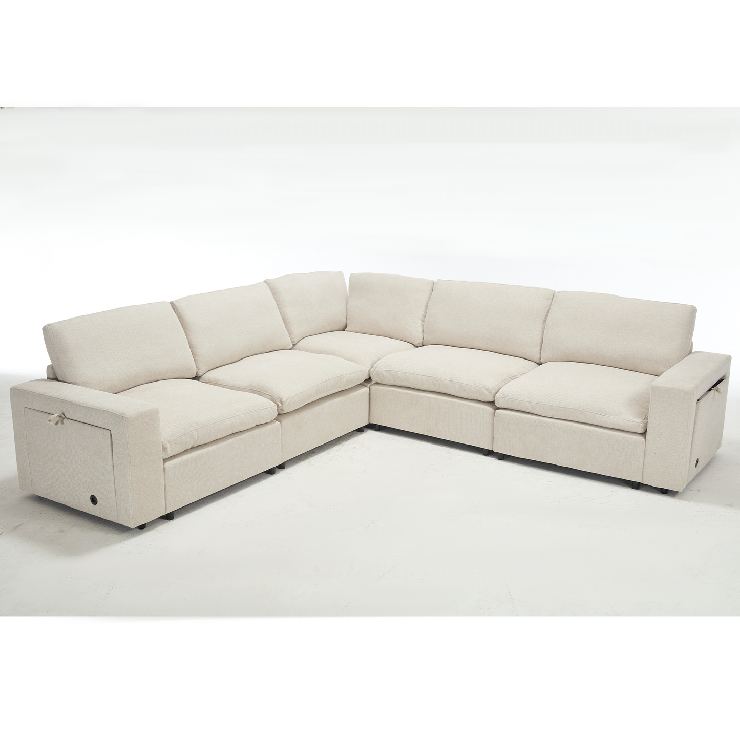 [NEW ARRIVED] [VIDEO PROVIDED]Sectional Couches For Living Room,Modular Couch,Wireless Charging Port & Cup Holders,5-seat ,DIY Combination,L-shaped Sofa,Book Storage Space,Soft Linen Fabric,Beige