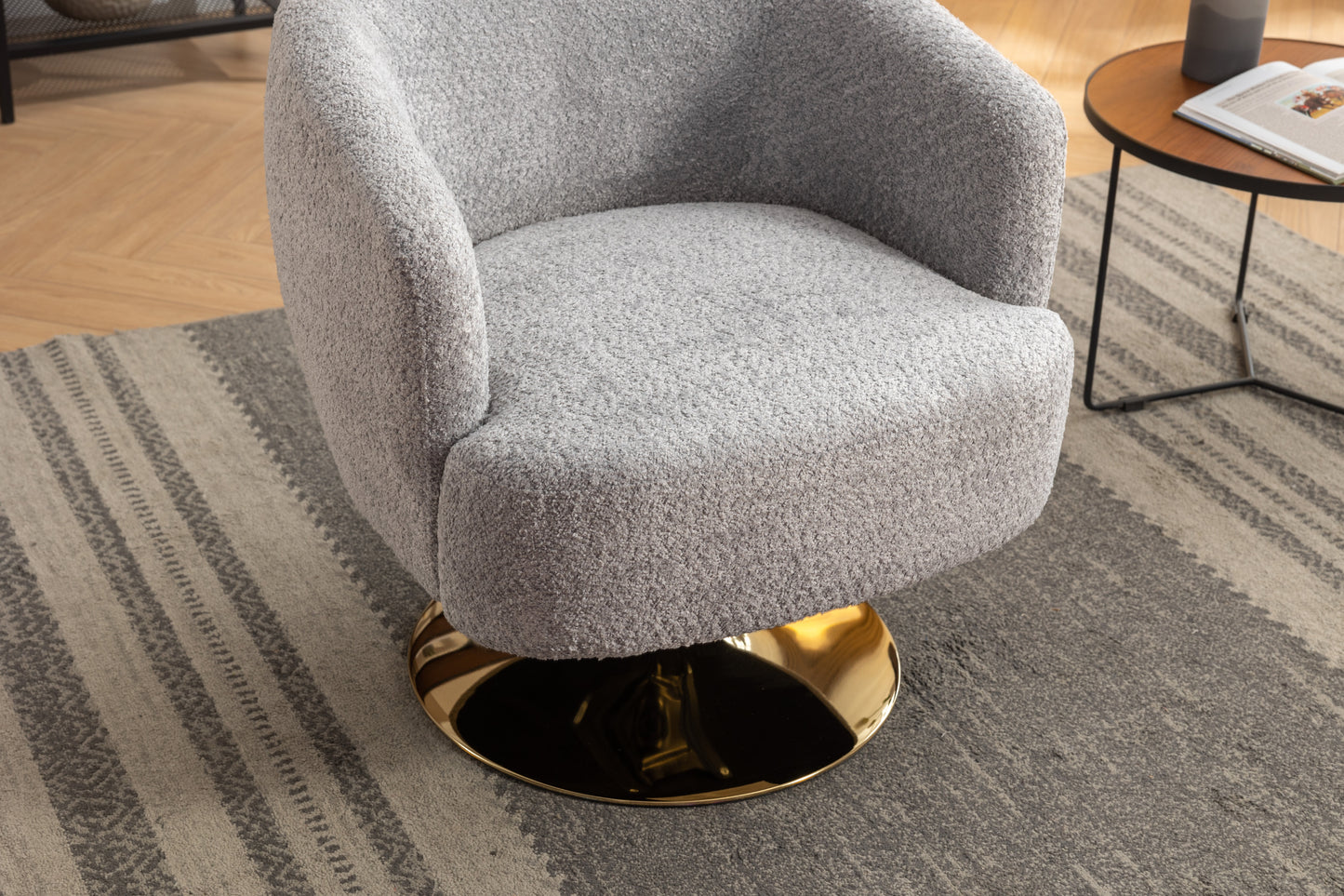 048-Chenille Fabric Accent Swivel Chair With Gold Metal Round Base,Light Gray