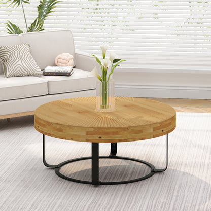 Modern Round Coffee Table Wooden Carving Pattern Coffee Table with Metal Legs for Living Room Reception Room Office ,Black