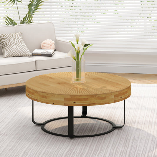 Modern Round Coffee Table Wooden Carving Pattern Coffee Table with Metal Legs for Living Room Reception Room Office ,Black