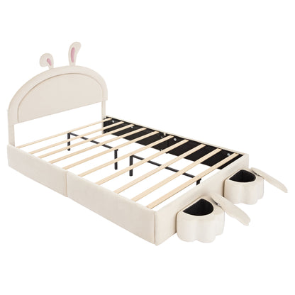 Full size Upholstered Rabbit-Shape Bed with 2 Storage Stools, Velvet Platform Bed with Cartoon Ears Shaped Headboard, White