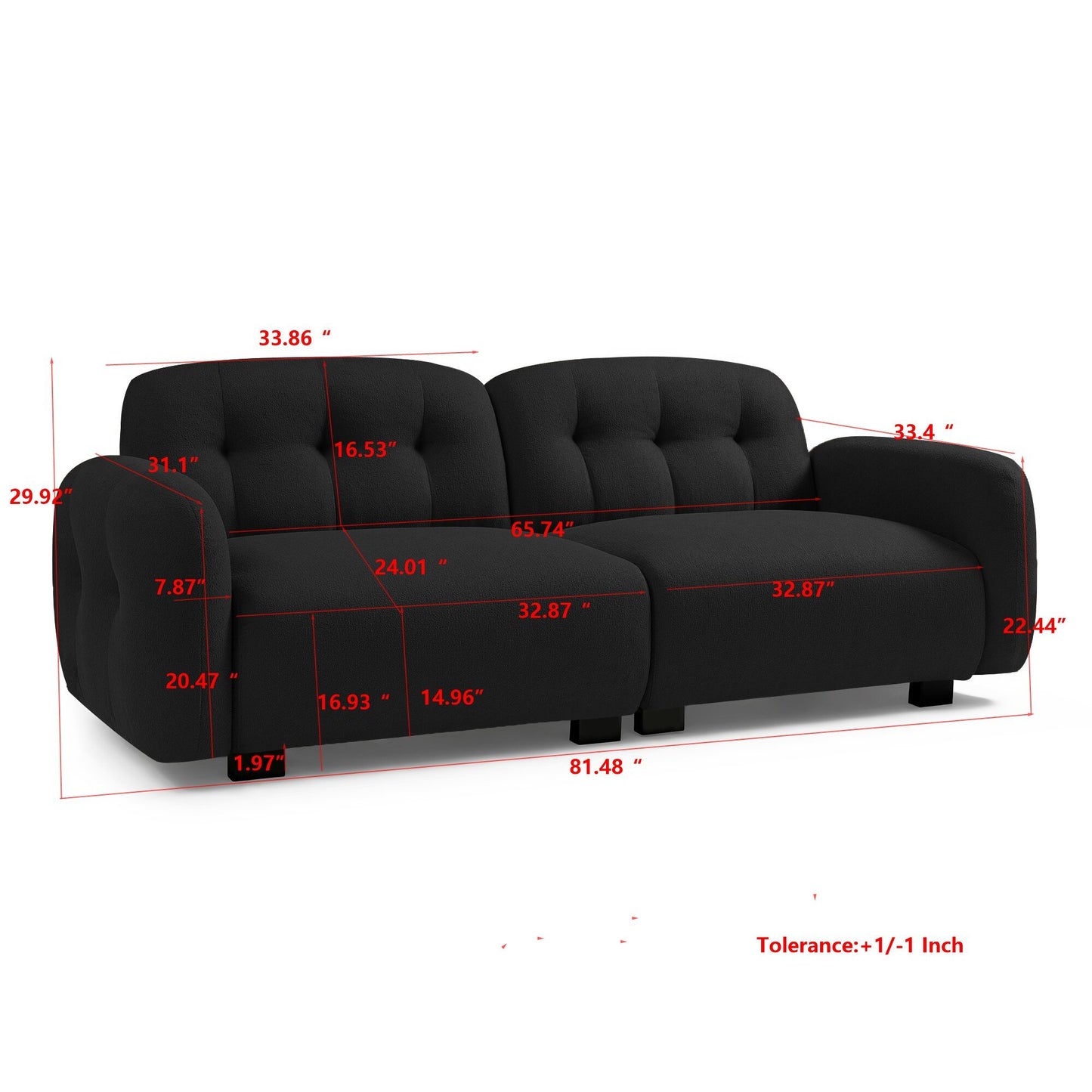 Modern Teddy Sofa Couch, 3-Seater Teddy Sofa Sectional with wooden Legs for 3-4 Persons, Upholstered Deep Seat Love Seat Sofa Chaise for Living Room,Bedroom, Apartment and Office,Black