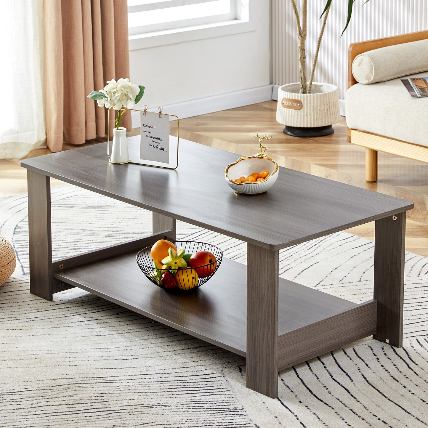 A modern and practical gray textured coffee table,tea table.Double layered coffee table made of MDF material,. Suitable for living room,bedroom and study room. 43.3"*21.6"*16.5"   CT-16