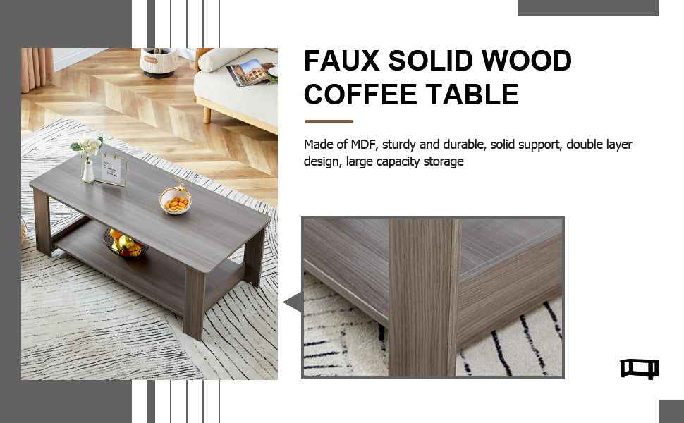 A modern and practical gray textured coffee table,tea table.Double layered coffee table made of MDF material,. Suitable for living room,bedroom and study room. 43.3"*21.6"*16.5"   CT-16