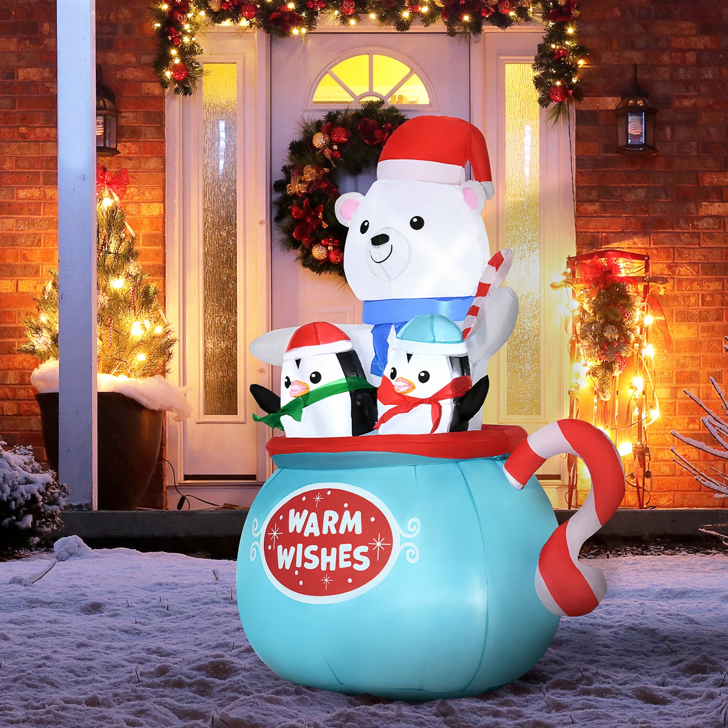 Outsunny 5ft Christmas Inflatables Outdoor Decorations Blessed Polar Bear and Penguins in the Cup, Blow-Up LED Yard Christmas Decor for Garden, Lawn, Party, Holiday