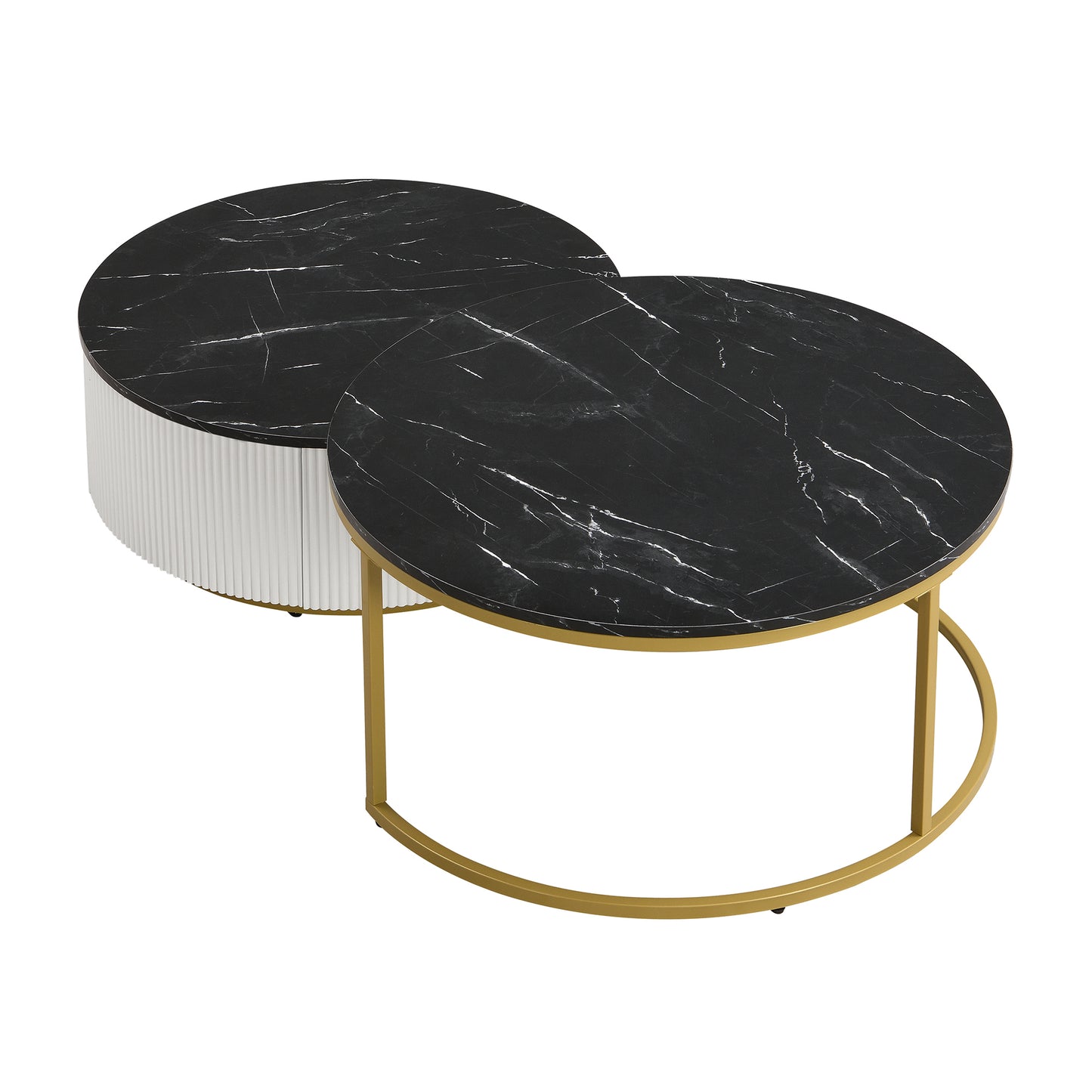 Modern Round Nesting Coffee Table Fluted with Drawer in Black & Gold in 31.5''