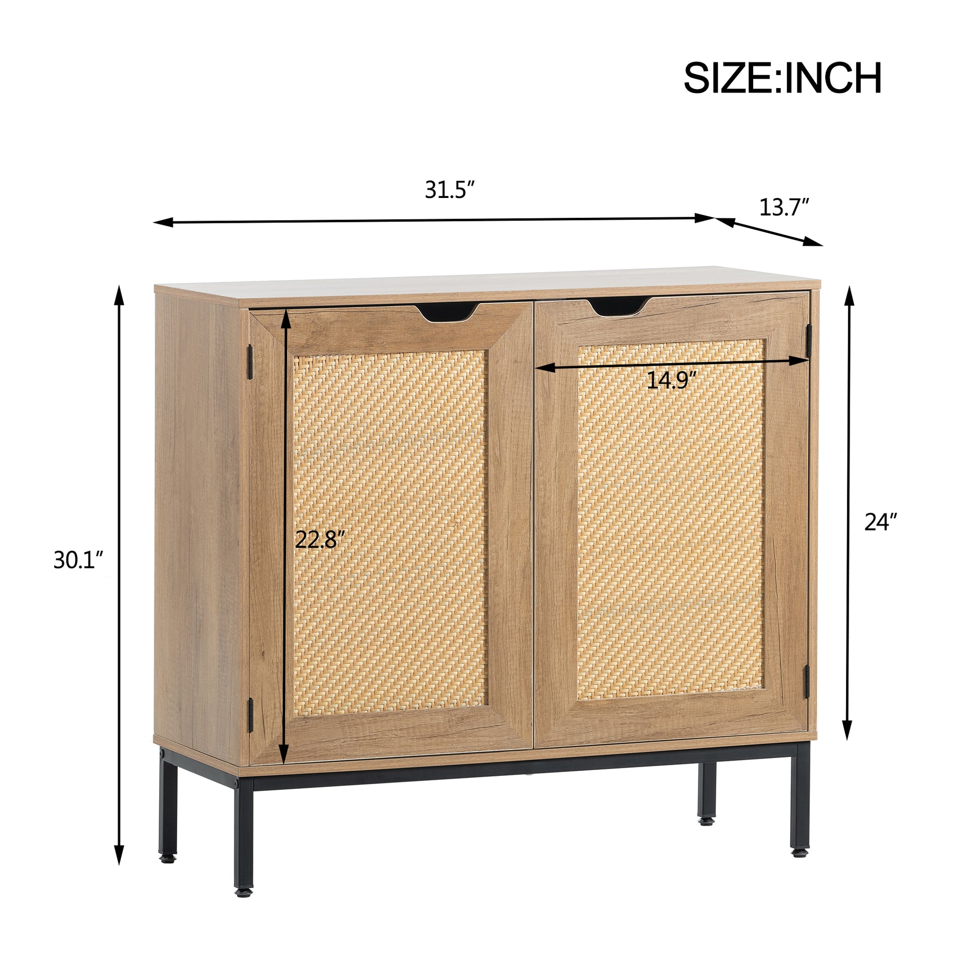 Rustic Accent Storage Cabinet with 2 Rattan Doors, Mid Century Natural Wood Sideboard Furniture for Living Room