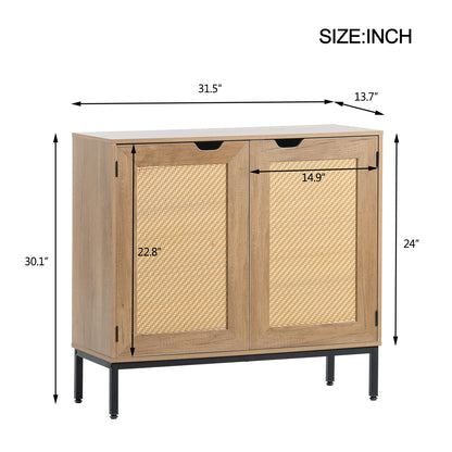 Rustic Accent Storage Cabinet with 2 Rattan Doors, Mid Century Natural Wood Sideboard Furniture for Living Room