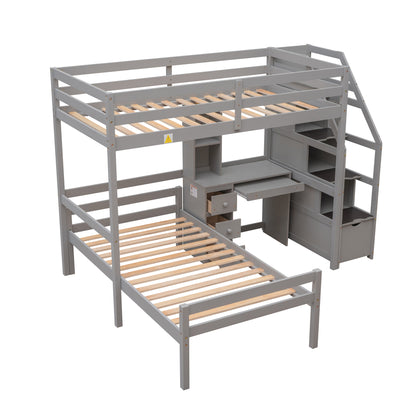 Twin Size Loft Bed with a Stand-alone Bed, Storage Staircase, Desk, Shelves and Drawers, Gray