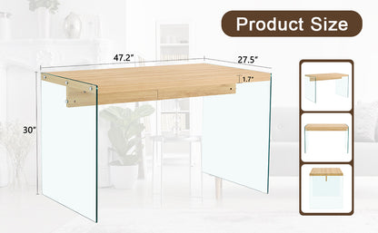 The top of the coffee table is made of medium density fiberboard and wooden stickers, with transparent tempered glass on both sides. The design is simple and elegant, with a sturdy structure.