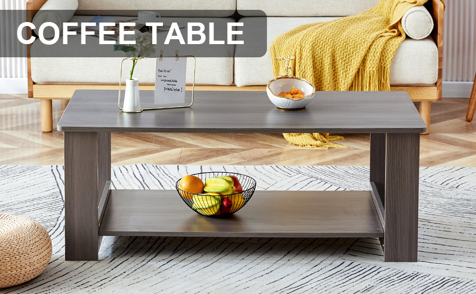 A modern and practical gray textured coffee table,tea table.Double layered coffee table made of MDF material,. Suitable for living room,bedroom and study room. 43.3"*21.6"*16.5"   CT-16