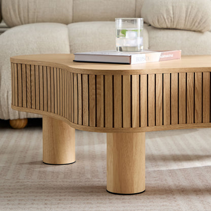 42.52 Inch Modern Wooden Handcraft Drum Coffee Table Irregular Shaped Coffee Table for Living Room,Small Coffee Table with Sturdy Pedestal,Natural Color